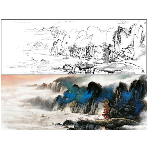 【大彩图】横幅工笔画白描底稿《山水小舟》临摹勾线山水底稿FS13 商品图0