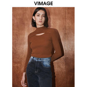 VIMAGE纬漫纪冬季新款100%绵羊毛镂空套头长袖纯色通勤针织衫V2001622