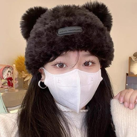 「五色可选！舒适保暖」可爱小熊毛绒绒针织毛线帽子女秋冬季加厚保暖套头护耳帽子配饰 商品图1