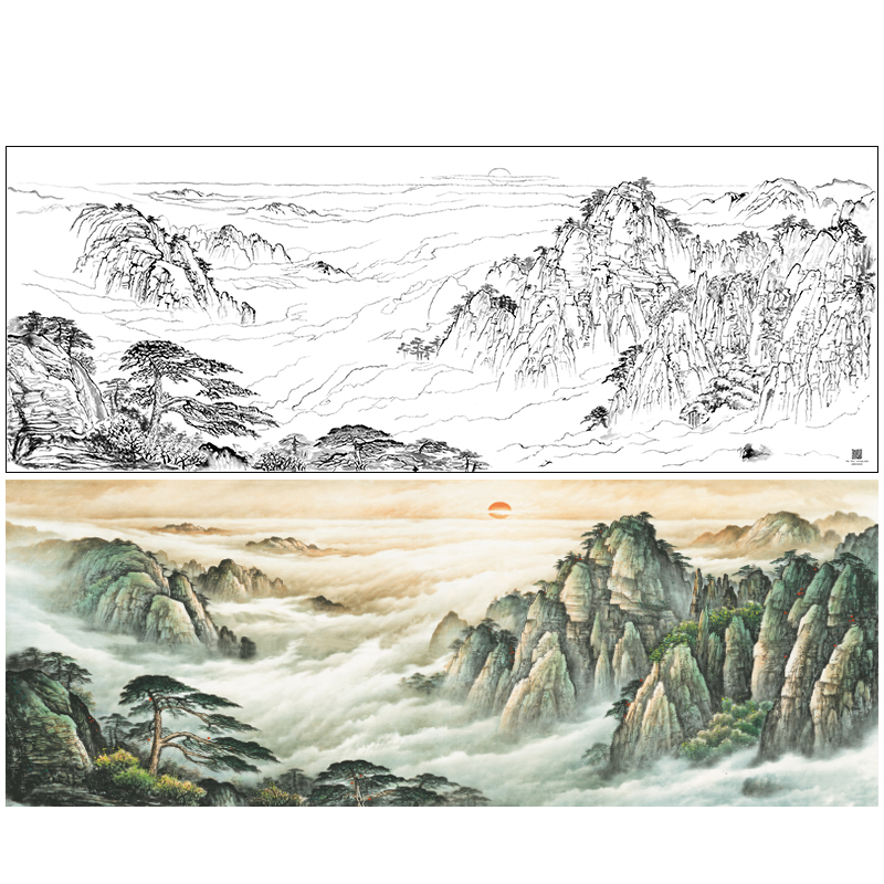 【大彩图】横幅工笔画白描底稿《旭日东升》风水画临摹勾线山水线稿FS07
