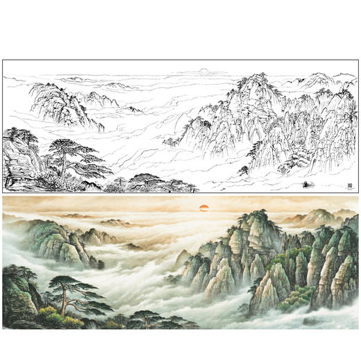 【大彩图】横幅工笔画白描底稿《旭日东升》风水画临摹勾线山水线稿FS07 商品图0