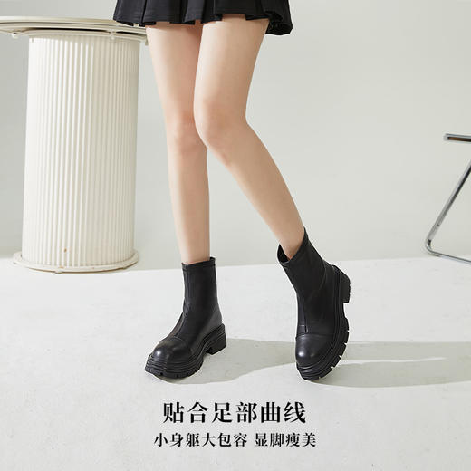 西遇厚底瘦瘦靴女2023新款秋冬英伦风切尔西靴黑色圆头粗跟短靴子D2033958 商品图1