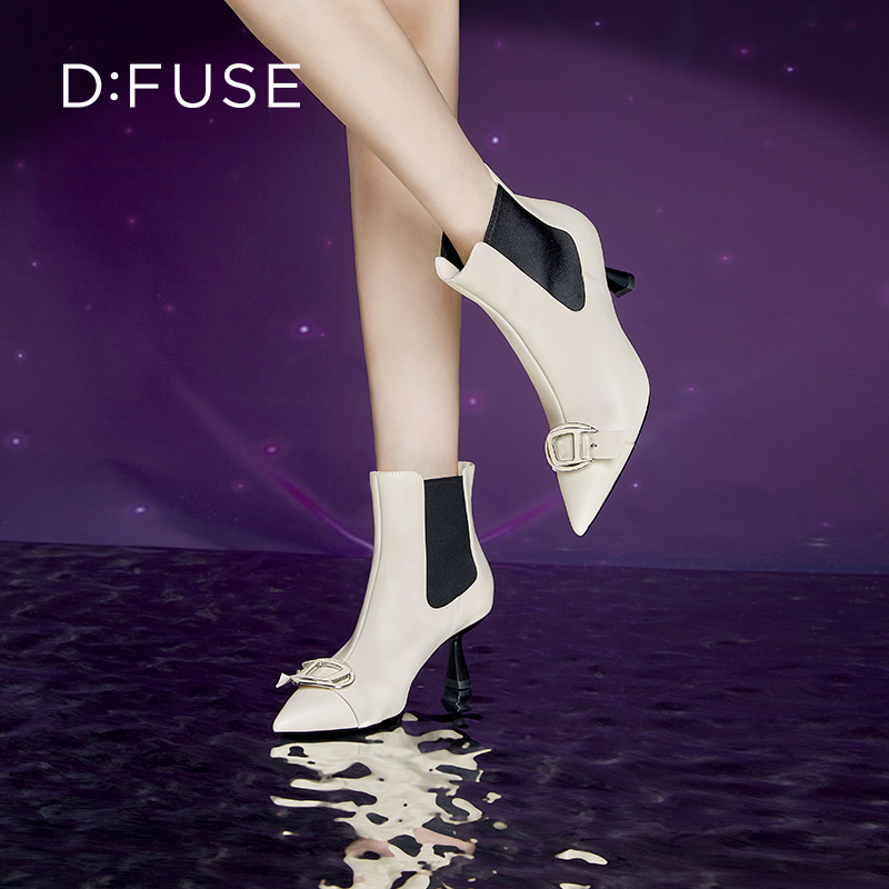 Dfuse迪芙斯冬季款时尚牛皮尖头短靴细高跟切尔西靴DF34116101