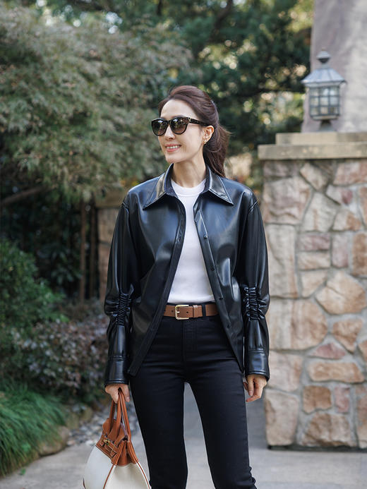 “仿生胶原蛋白皮” 环保弹力仿小羊皮手感皮衣衬衫 商品图0