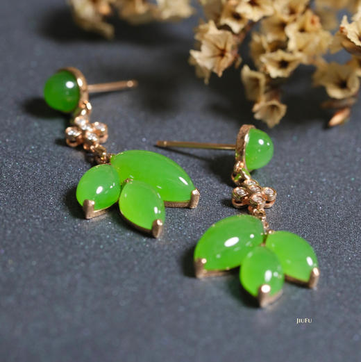 18K玫瑰金和田玉（碧玉）镶钻耳钉--凝翠/半珠4.5mm/马眼12*6、9*5mm/总长33mm 商品图4