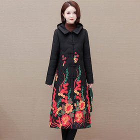 时尚保暖，冬款长款印花中年妈妈装棉服长袖连帽大码修身棉衣QYM-OMS-SDB377-L