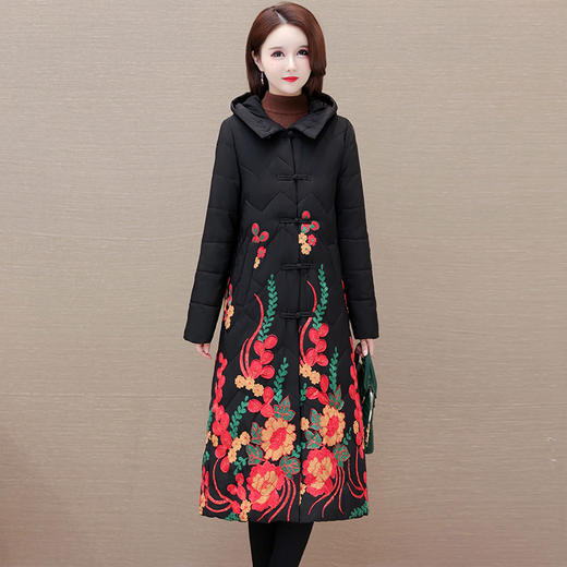 时尚保暖，冬款长款印花中年妈妈装棉服长袖连帽大码修身棉衣QYM-OMS-SDB377-L 商品图0