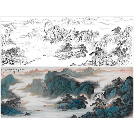 【大彩图】横幅工笔画白描底稿《源远流长》临摹勾线山水线稿FS06 商品图0