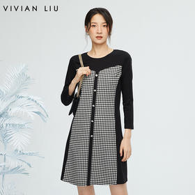 VIVIAN LIU薇薇安刘R2347409秋女装新款前片拼黑白格针织连衣裙