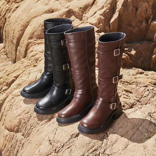 西遇牛仔骑士靴女新款秋冬复古长筒西部靴黑色圆头厚底长靴子D0034217 商品图4