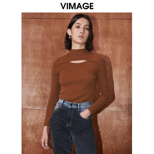 VIMAGE纬漫纪冬季新款100%绵羊毛镂空套头长袖纯色通勤针织衫V2001622 商品图4