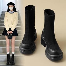 ZHR加绒高跟短靴女秋冬气质粗跟瘦瘦靴显瘦厚底弹力靴马丁靴