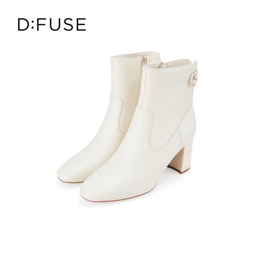 Dfuse迪芙斯冬季新款牛皮方头优雅花扣粗跟短靴女DF34116015 商品图2