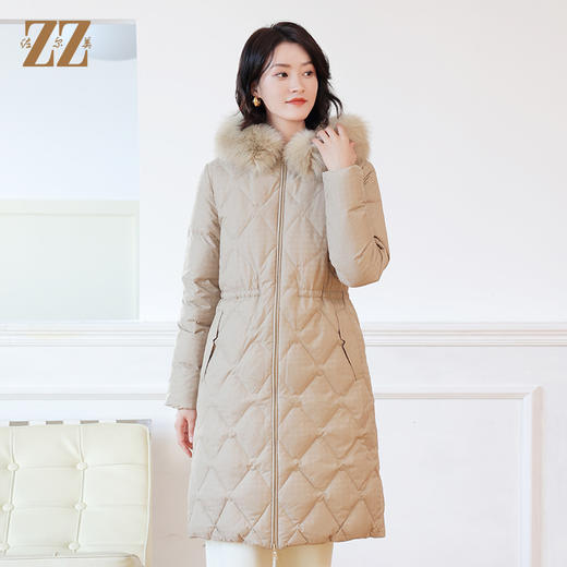 佐尔美冬季新款 简约时尚双面穿菱形格可拆狐毛领羽绒服女E14YH16 商品图2