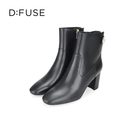 Dfuse迪芙斯冬季新款牛皮方头优雅花扣粗跟短靴女DF34116015 商品图5