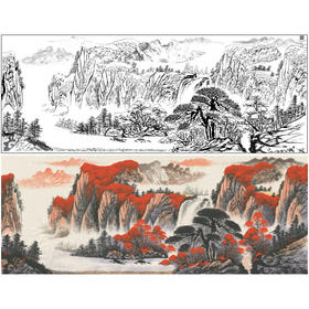 【大彩图】横幅工笔画白描底稿《鸿运当头》临摹勾线山水底稿FS08