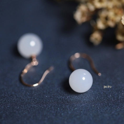 18K玫瑰金和田玉（白玉）耳钩/圆珠8mm/总长22.5mm 商品图3