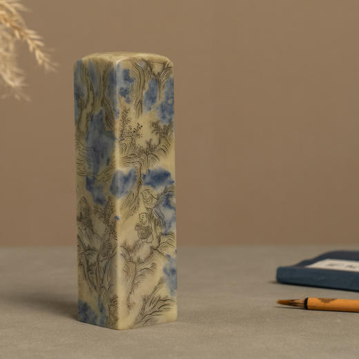 清 青田石封门青阴刻福禄寿人物印章 商品图1