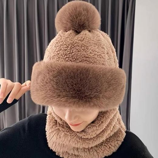 「五色可选！一体帽」2023新款一体帽子女围脖口罩加绒加厚保暖毛绒冬防寒护耳可爱连帽配饰 商品图2