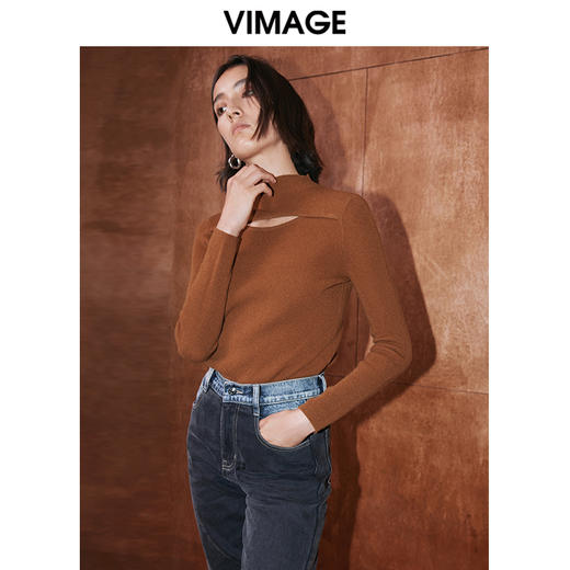 VIMAGE纬漫纪冬季新款100%绵羊毛镂空套头长袖纯色通勤针织衫V2001622 商品图2