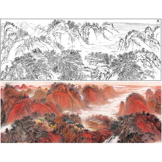 【大彩图】吴广横幅工笔画白描底稿《红色江山万年长》临摹勾线山水线稿FS10 商品图0