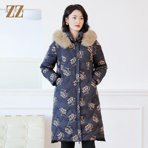 佐尔美冬季新款 气质时尚双面穿碎花可拆狐毛领羽绒服女E14YH24 商品图2