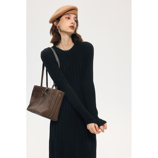 HeyDress羊毛针织洋装女秋冬法式宽松慵懒感可拆卸高领坑条裙子 商品图2