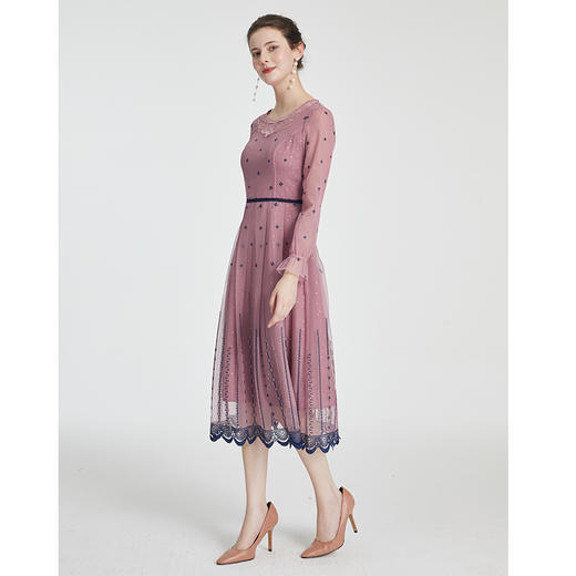 司歌刺绣连衣裙圆领网纱长袖弹力修身A881268 商品图4