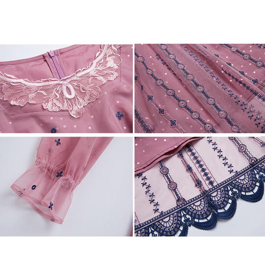 司歌刺绣连衣裙圆领网纱长袖弹力修身A881268 商品图1