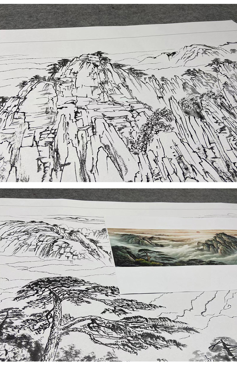 横幅工笔画白描底稿《旭日东升》风水画临摹勾线山水线稿fs