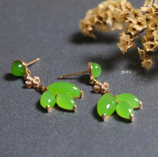 18K玫瑰金和田玉（碧玉）镶钻耳钉--凝翠/半珠4.5mm/马眼12*6、9*5mm/总长33mm 商品图3