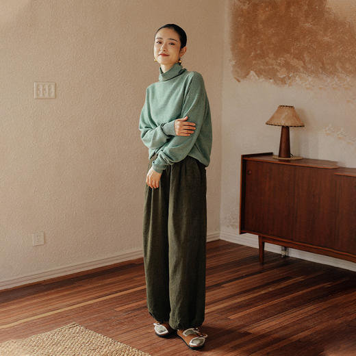 绽放876朵/咖啡色复古文艺灯芯绒脚口可收紧猪鼻扣宽松休闲阔腿裤 商品图1