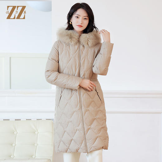 佐尔美冬季新款 简约时尚双面穿菱形格可拆狐毛领羽绒服女E14YH16 商品图3