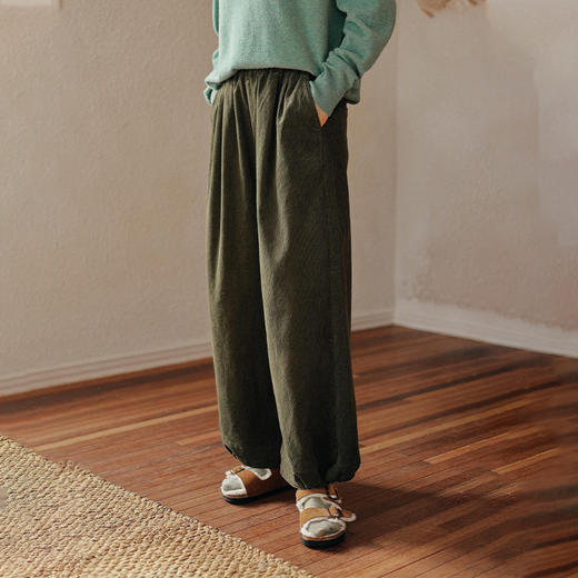 绽放876朵/咖啡色复古文艺灯芯绒脚口可收紧猪鼻扣宽松休闲阔腿裤 商品图0