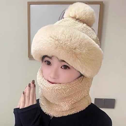 「五色可选！一体帽」2023新款一体帽子女围脖口罩加绒加厚保暖毛绒冬防寒护耳可爱连帽配饰 商品图0