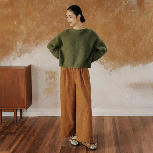 绽放876朵/咖啡色复古文艺灯芯绒脚口可收紧猪鼻扣宽松休闲阔腿裤 商品图2