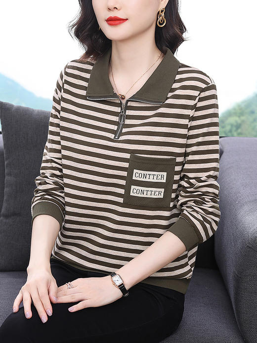 百媚生 翻领长袖条纹T恤6399 商品图1