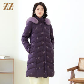 佐尔美秋季新款 休闲时尚可拆小碎花狐毛领羽绒服女E14YH34
