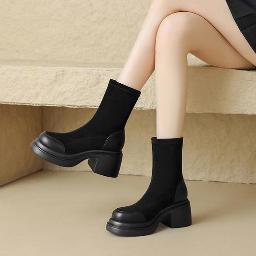 ZHR加绒高跟短靴女秋冬气质粗跟瘦瘦靴显瘦厚底弹力靴马丁靴 商品图1