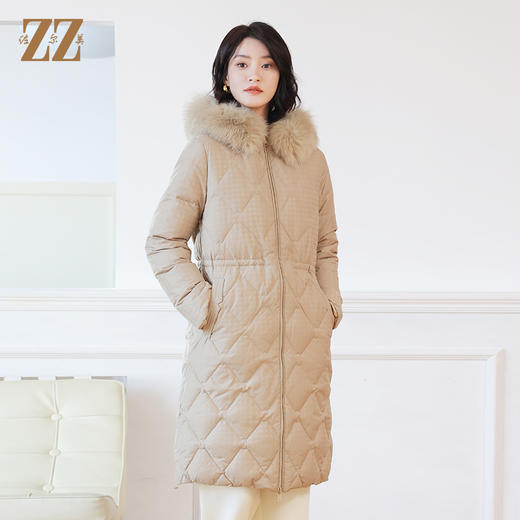 佐尔美冬季新款 简约时尚双面穿菱形格可拆狐毛领羽绒服女E14YH16 商品图1