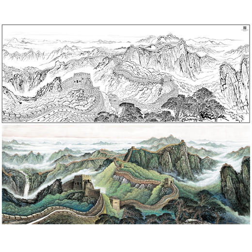 【大彩图】横幅工笔画白描底稿《长城》临摹勾线山水线稿FS05 商品图0