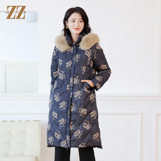 佐尔美冬季新款 气质时尚双面穿碎花可拆狐毛领羽绒服女E14YH24 商品图1