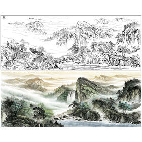 【大彩图】横幅工笔画白描底稿临摹勾线山水线稿FS14