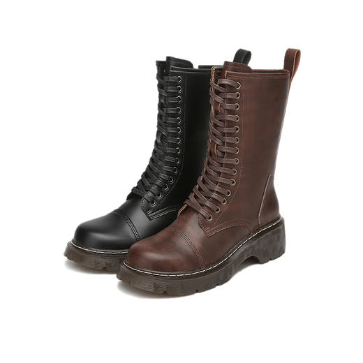 西遇长筒马丁靴女新款秋冬复古美式炸街机车靴棕色厚底短靴子D0034375 商品图4