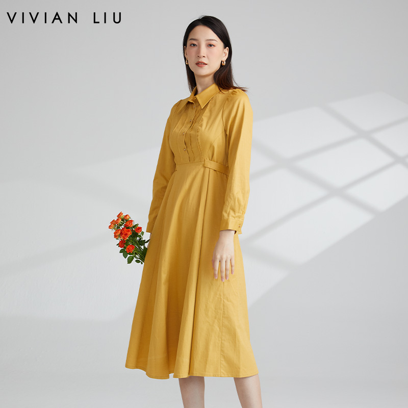 VIVIAN LIU薇薇安刘R2344102秋女装新款小翻领前胸捏褶衬衫连衣裙