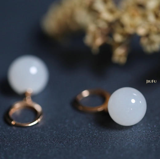 18K玫瑰金和田玉（白玉）耳扣/圆珠10mm  商品图2