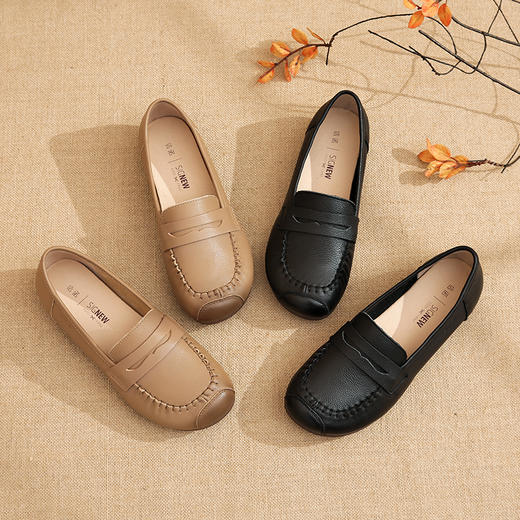 信诺真皮软底妈妈鞋单鞋女春秋款平底一脚蹬中老年舒适皮鞋老人鞋22Q2303-H5 商品图4