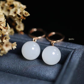 18K玫瑰金和田玉（白玉）耳扣/圆珠10mm 