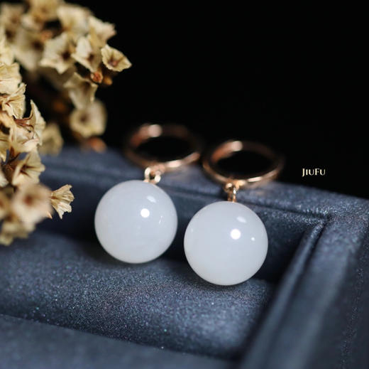 18K玫瑰金和田玉（白玉）耳扣/圆珠10mm  商品图0