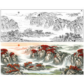 【大彩图】佚名横幅工笔画白描底稿《鸿运当头》临摹勾线山水底稿FS04